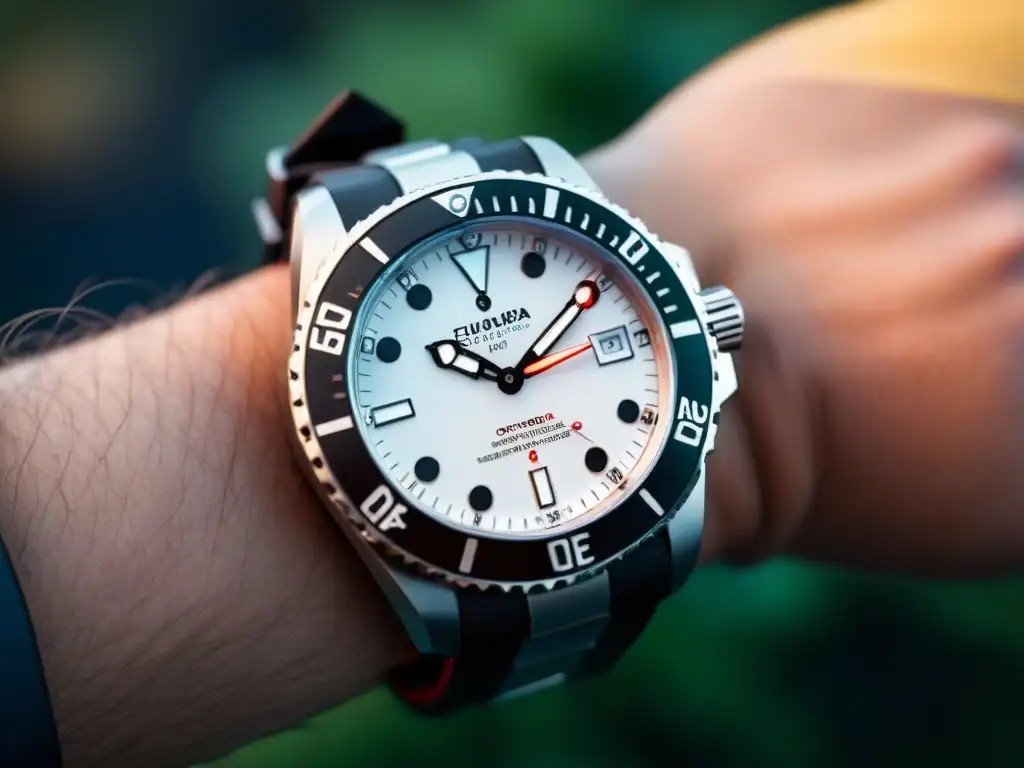 Un reloj de buceo moderno en acero negro, con esfera blanca y bisel giratorio, listo para torneos de buceo en arrecifes