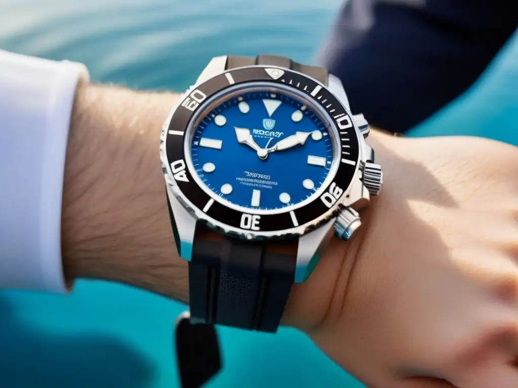 Reloj de buceo moderno sobre aguas turquesas cristalinas