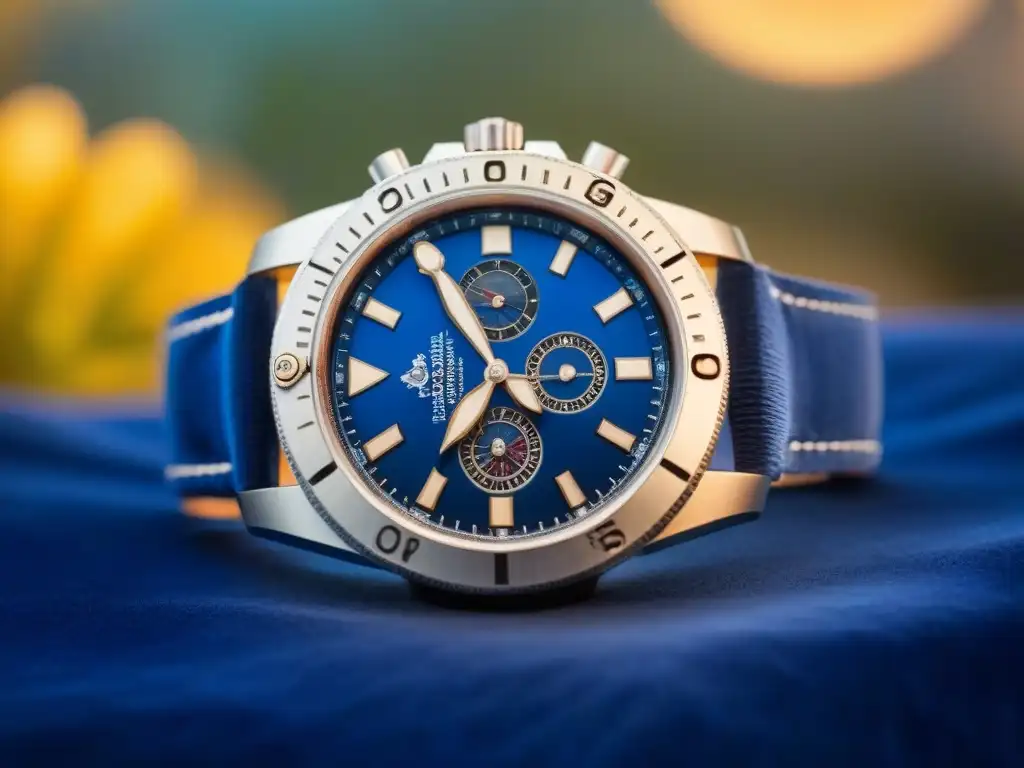 Reloj de buceo plateado con grabados de vida marina y brújula brillante sobre terciopelo azul profundo, inspirado en Jacques Cousteau exploración océano secretos