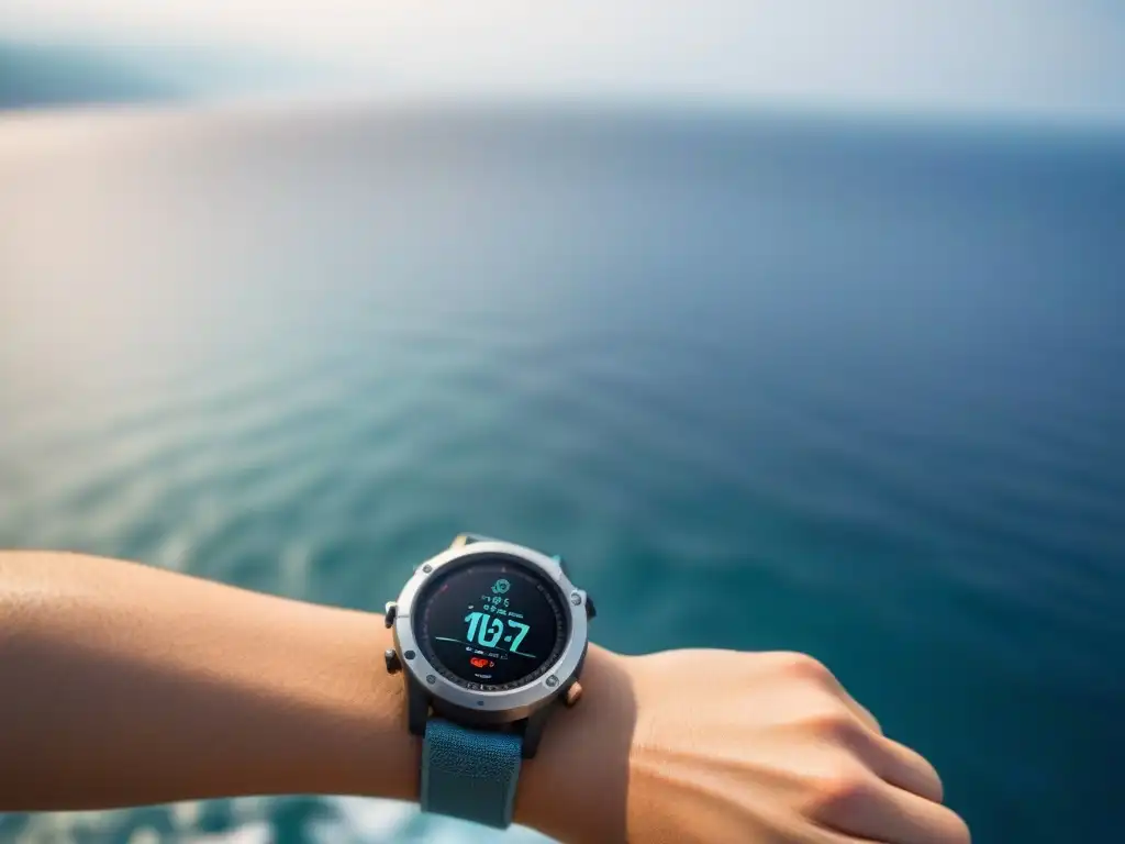 Reloj inteligente acuático de alta tecnología con diseño náutico, datos marinos y escena marítima, ideal para turismo marítimo