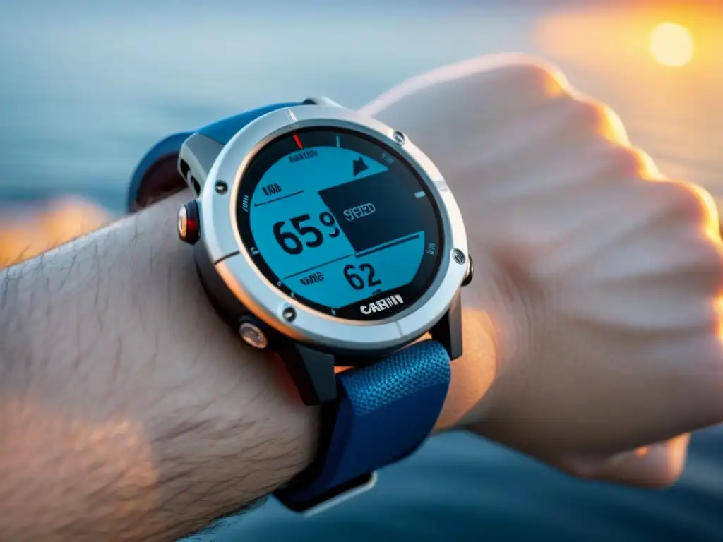 Un reloj inteligente Garmin Quatix 6 con funciones náuticas en un elegante diseño marino sobre superficie negra