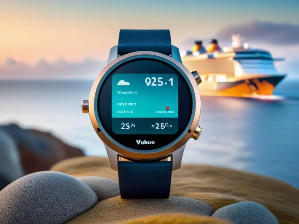 Un reloj inteligente impermeable de alta tecnología frente al mar, con datos náuticos, ideal para cruceros