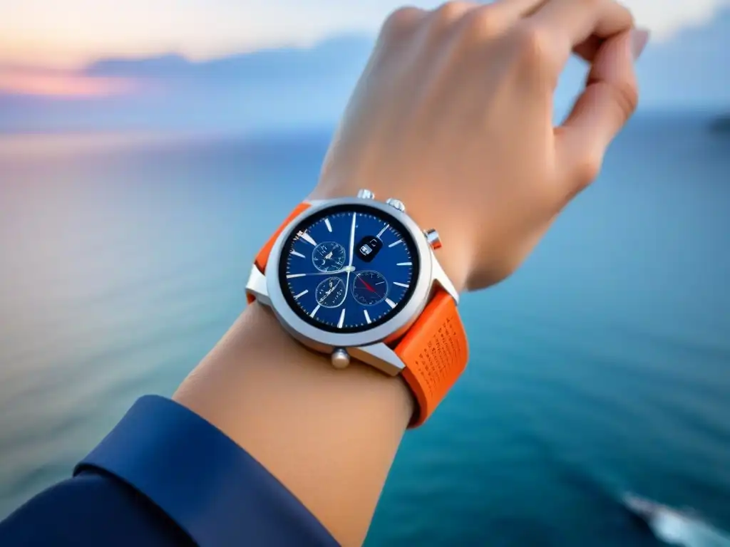 Reloj inteligente impermeable con vista al mar y yacht, fusionando tecnología y turismo marítimo