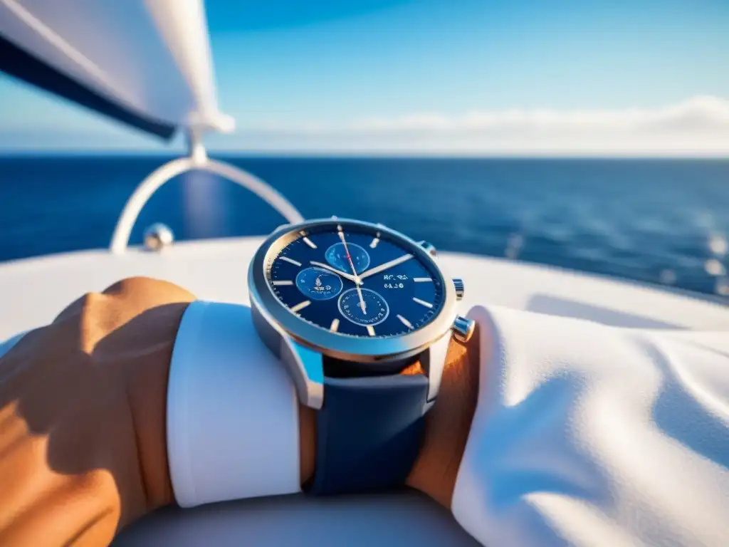 Reloj inteligente de lujo en yate: tecnología y ocio Un reloj inteligente de lujo descansa sobre la cubierta de un yate blanco impecable, con el mar azul de fondo