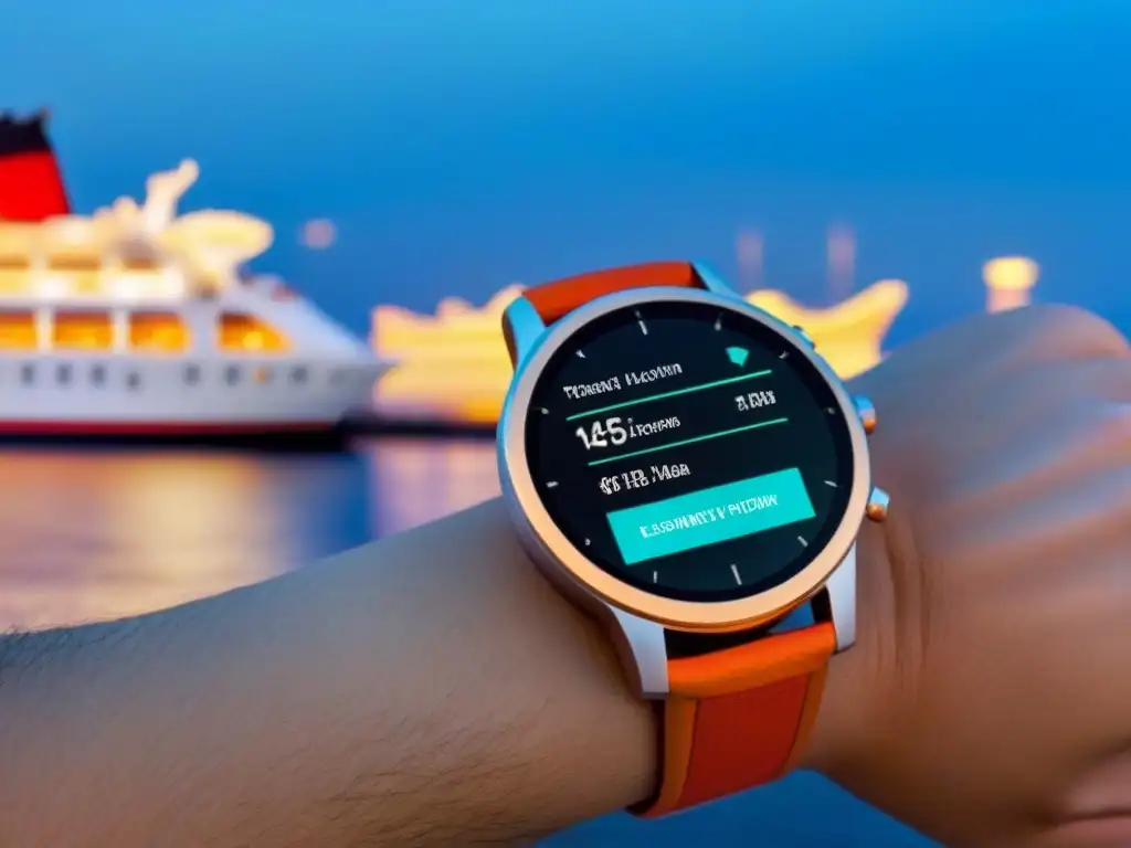 Un reloj inteligente moderno muestra un itinerario de crucero frente al mar, resaltando la tecnología wearable en cruceros