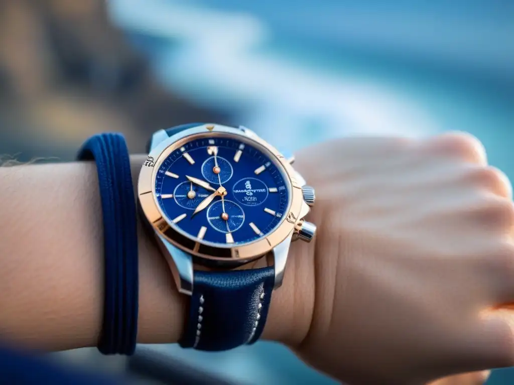 Reloj de lujo para navegantes con esfera azul y detalles náuticos, frente al mar sereno y velero