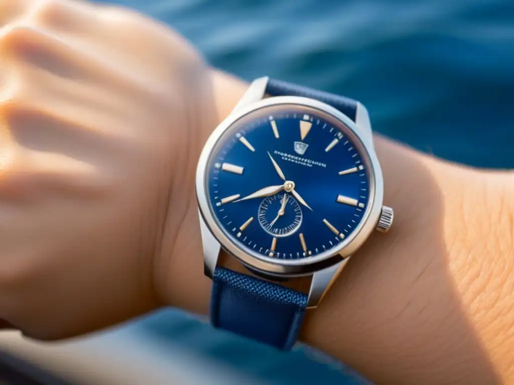 Reloj de lujo plateado con detalles náuticos sobre fondo de mar azul