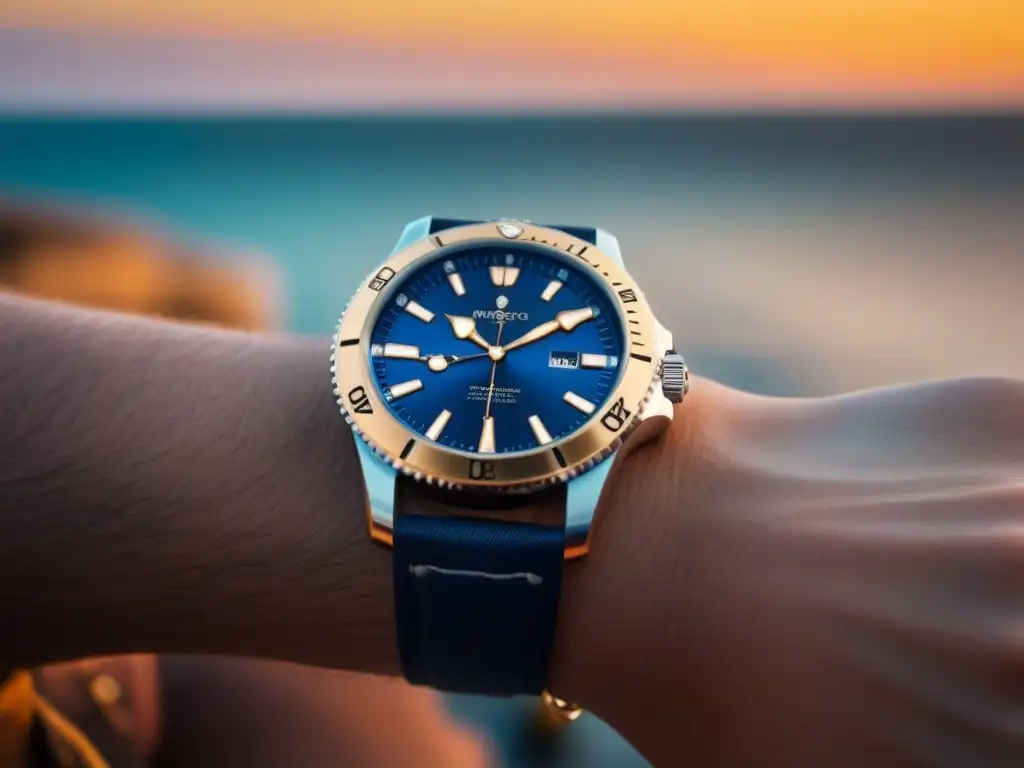 Un reloj marítimo de alta calidad, con detalles náuticos, elegantes agujas que señalan la hora dorada y un fondo de océano sereno al atardecer