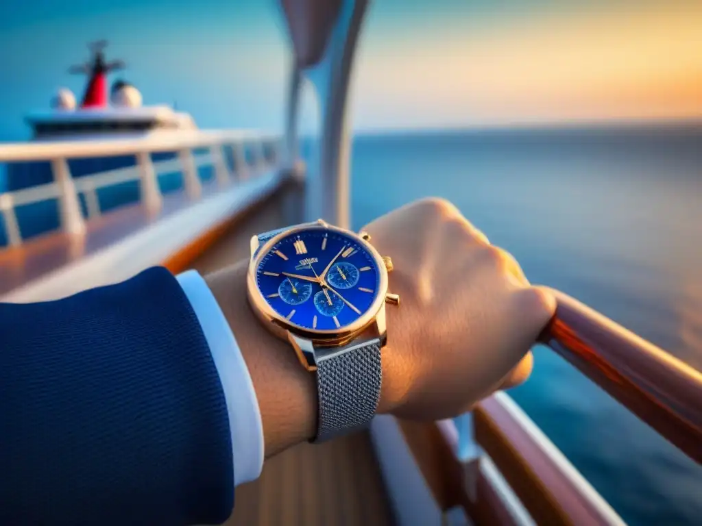 Un reloj minimalista de lujo con pulsera plateada, esfera azul y números romanos, reflejando la luz en la cubierta de un crucero de lujo en el mar