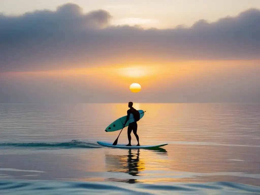 Un remador en paddleboard disfruta de la calma del mar abierto al atardecer