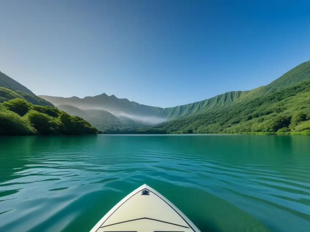 Un remador en kayak disfruta de la serenidad de un lago cristalino rodeado de montañas verdes bajo un cielo azul claro