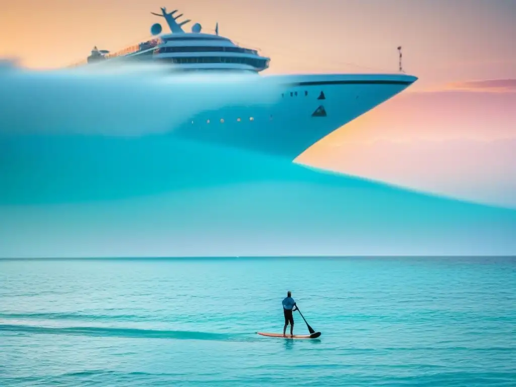 Un remador solitario surca aguas turquesas en paddle surf en cruceros, bajo un cielo atardeciendo en tonos pastel