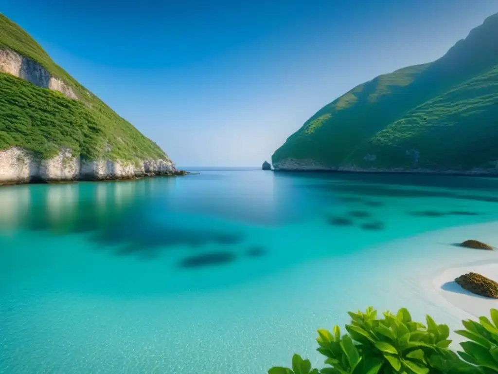 Un remoto paraíso: una cala escondida con aguas turquesa, acantilados verdes y cielo azul