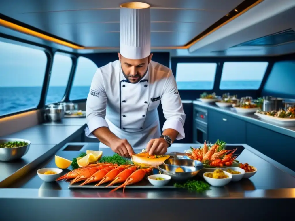 Un renombrado chef preparando un plato de mariscos en un escenario de cocina elegante a bordo de un lujoso yate, rodeado de una audiencia cautivada