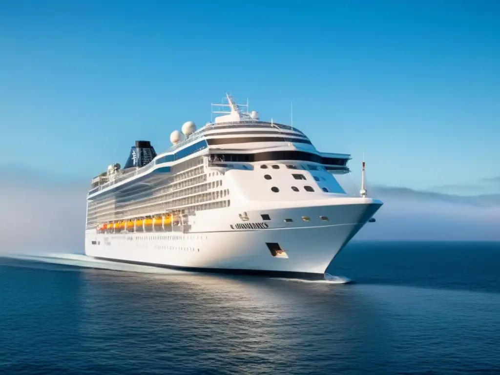 Reserva de cruceros online: Un elegante crucero moderno navegando suavemente en aguas cristalinas bajo un cielo despejado