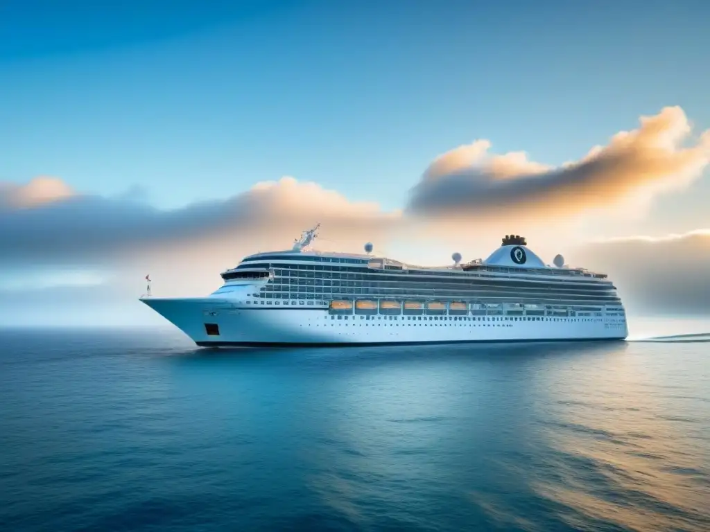 Reserva de cruceros online: un elegante crucero moderno surca aguas cristalinas bajo un cielo despejado, transmitiendo lujo y relax