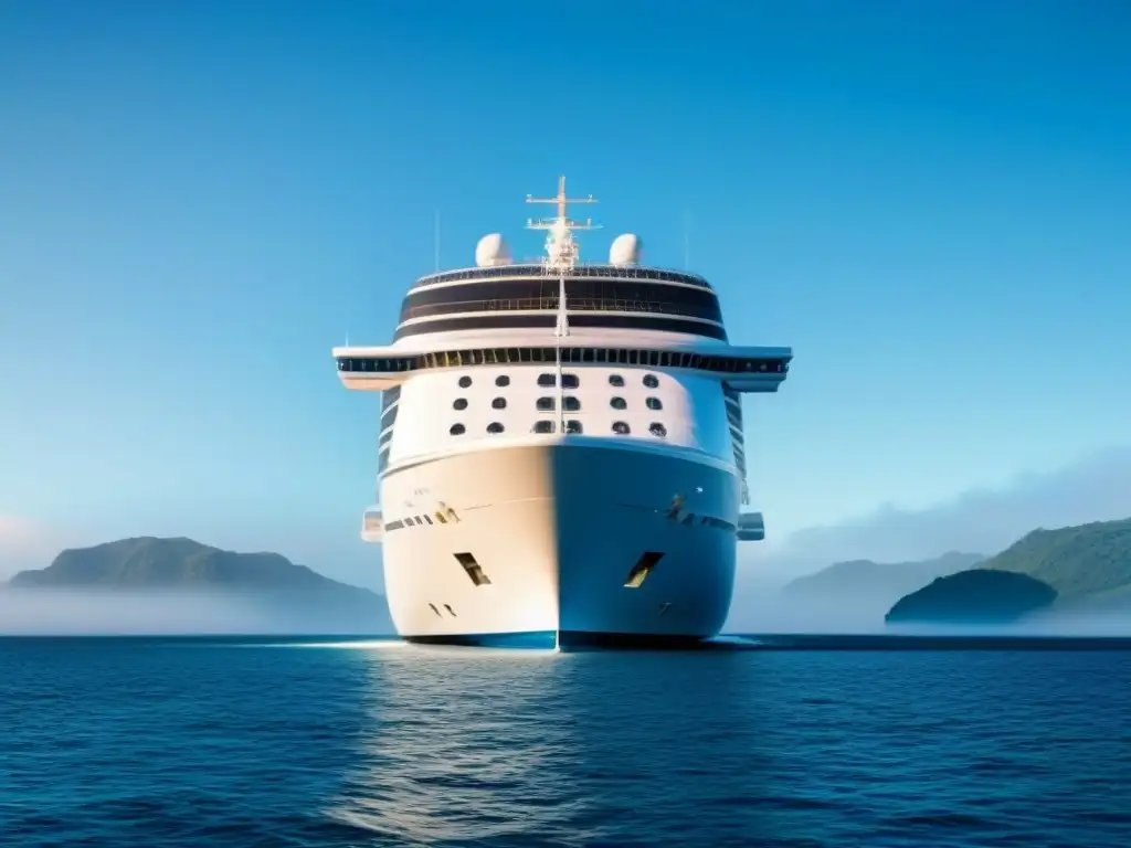 Reserva segura crucero turismo marítimo: Un elegante crucero moderno navegando en aguas cristalinas bajo un cielo azul brillante