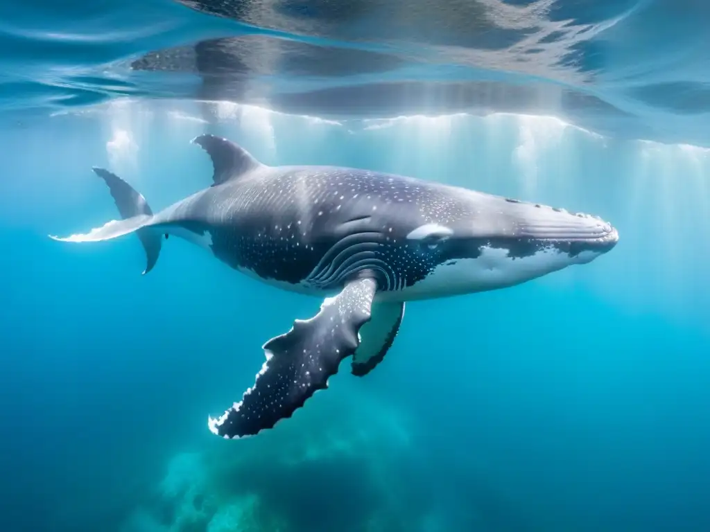 Interacción respetuosa con la vida marina: Majestuosa ballena jorobada surcando aguas turquesas, bajo la luz del sol