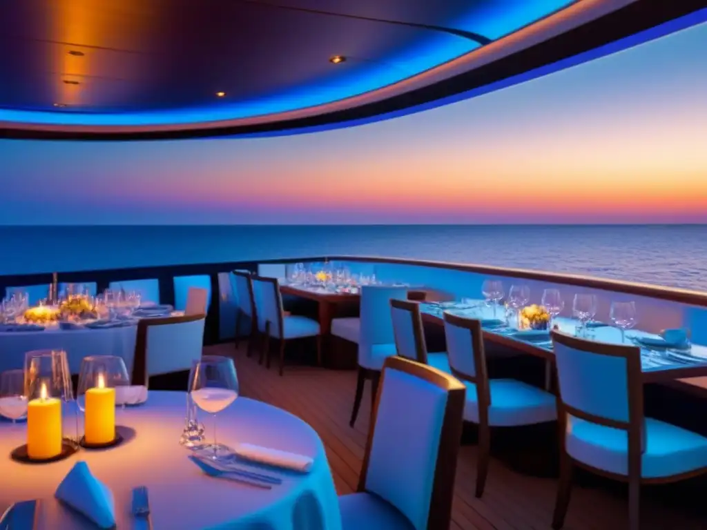 Un restaurante de alta mar elegante y moderno al atardecer, con mesas preparadas para una experiencia gastronómica bajo un cielo estrellado