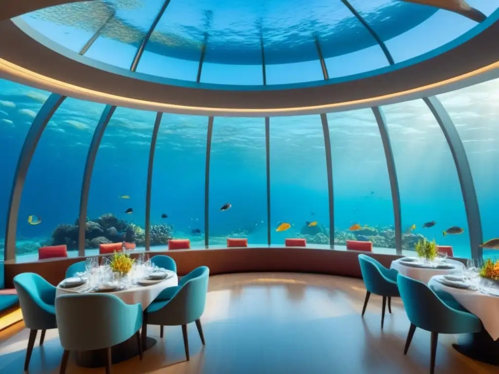 Restaurante submarino: elegancia en el mar Un restaurante submarino moderno con ventanales panorámicos que muestran un arrecife de coral vibrante y peces coloridos