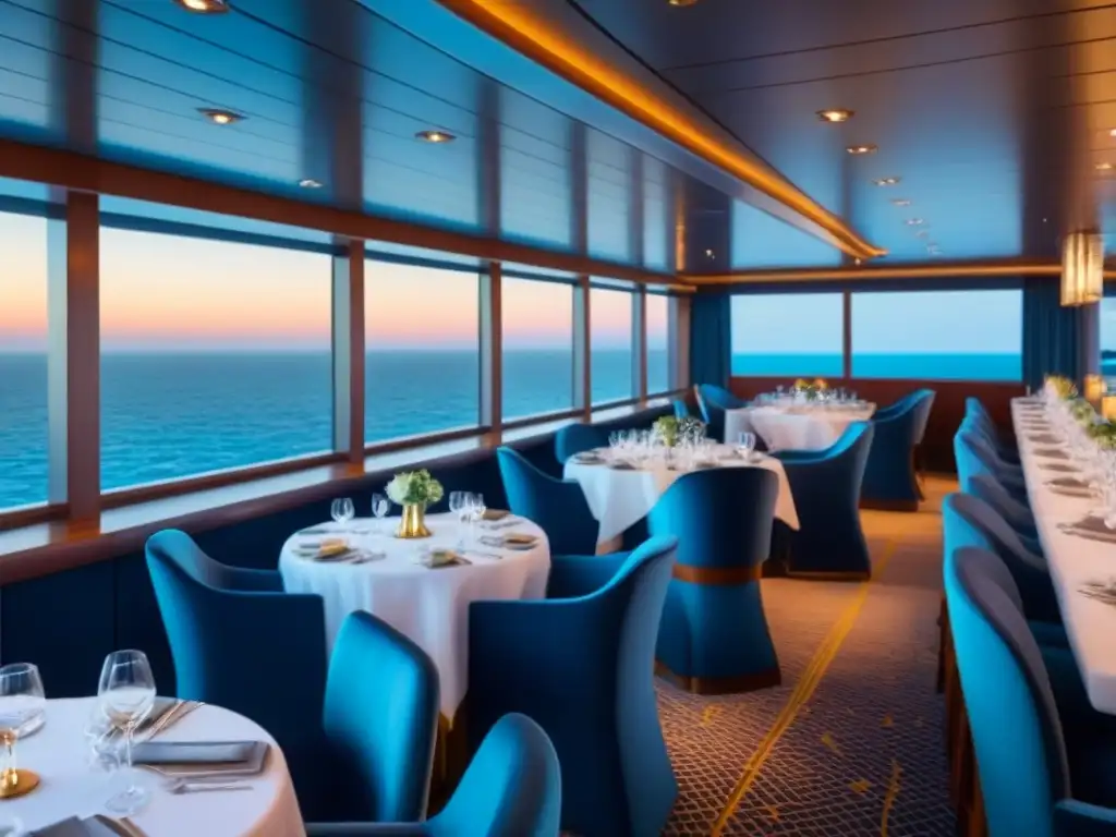 Restaurante temático en crucero de lujo con decoración moderna y elegante, vista al mar y ambiente sofisticado