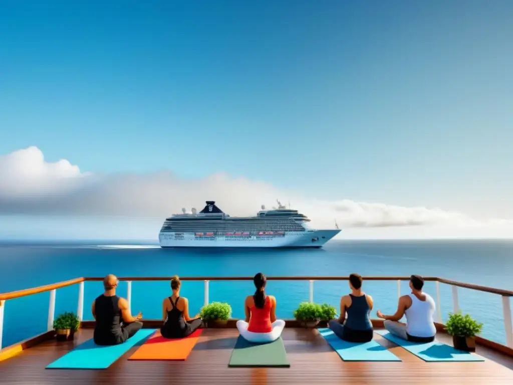 Un retiro de bienestar en crucero: un lujoso barco navegando en aguas tranquilas mientras un grupo practica yoga en cubierta