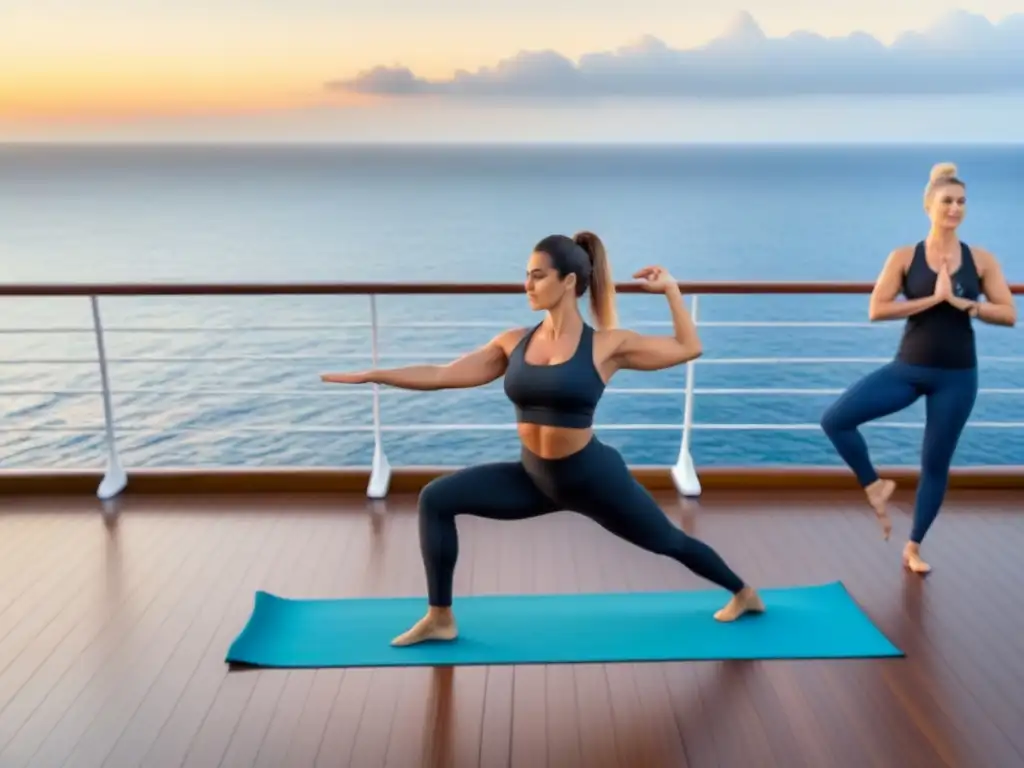 Retiro de bienestar en crucero al amanecer, con diversas personas practicando yoga en cubierta, rodeados de tranquilidad marina al amanecer