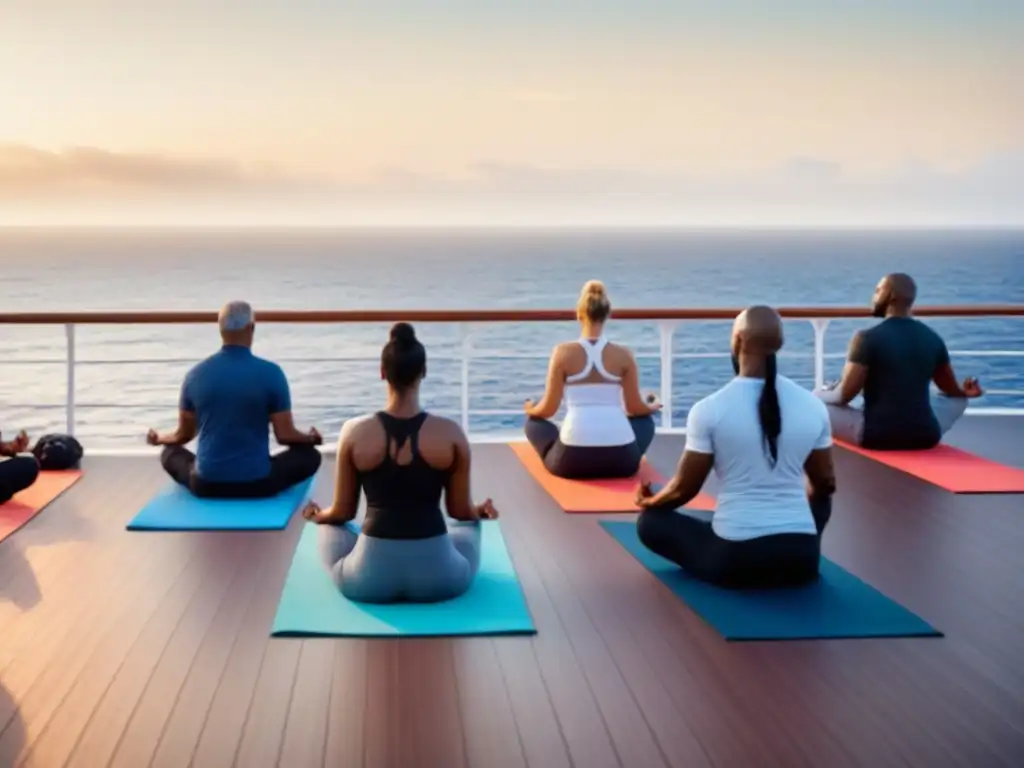 Un retiro de bienestar en crucero: siluetas practicando yoga al amanecer en cubierta, con el mar de fondo