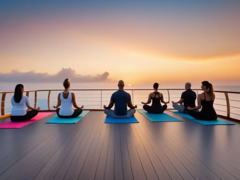 Un retiro de bienestar en crucero al amanecer: yoga sereno en cubierta, la calma del mar y el cielo en armonía