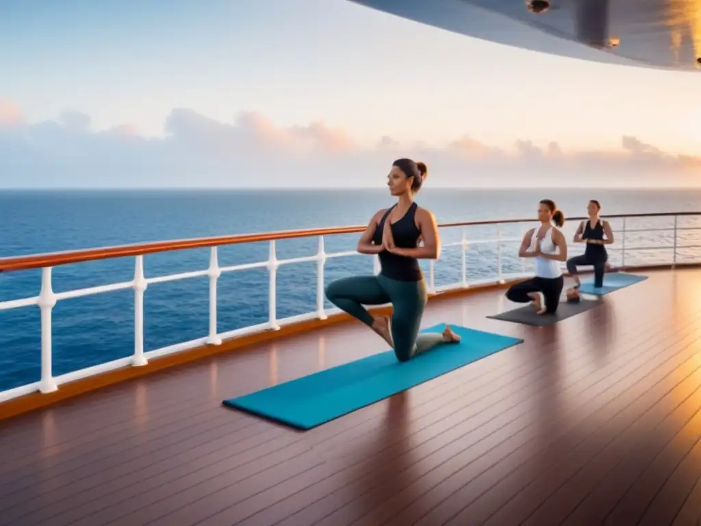 Retiro de bienestar en crucero: sesión de yoga al amanecer en cubierta, armonía y tranquilidad frente al mar