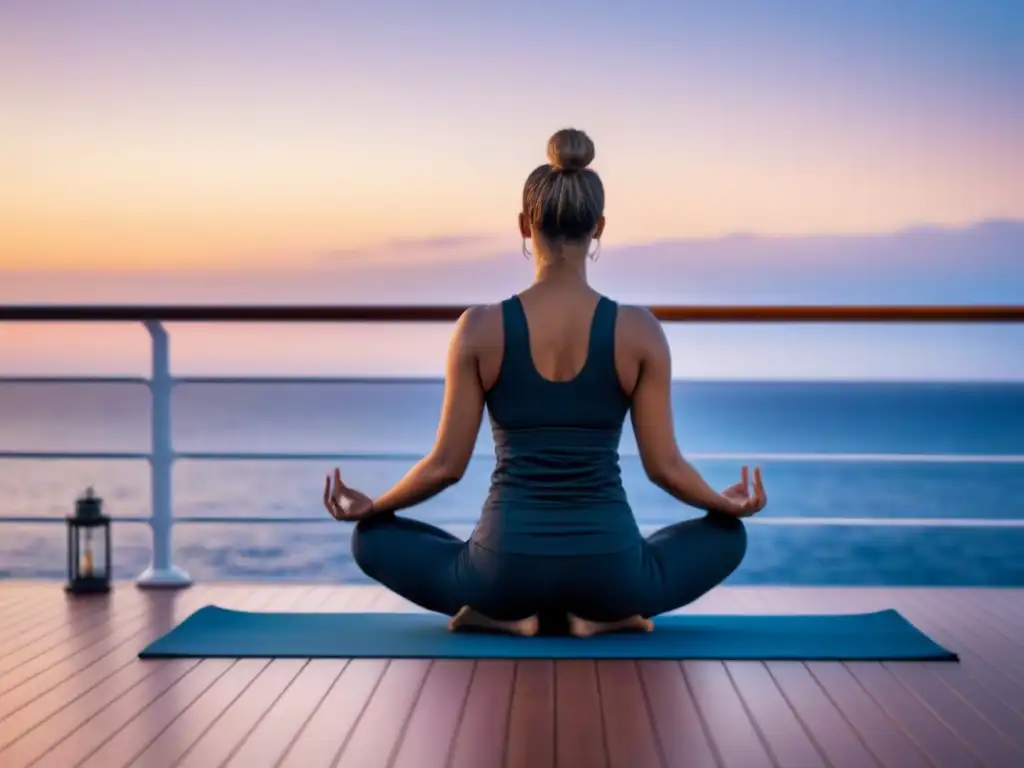 Retiro de bienestar en crucero: Silueta en yoga al amanecer sobre el mar sereno