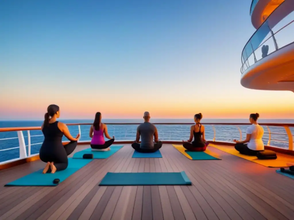 Un retiro de bienestar en cruceros: instructor de yoga guía sesión al atardecer en cubierta, creando serenidad y equilibrio