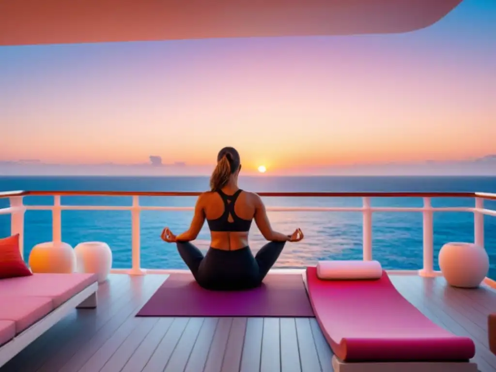 Retiro de yoga en crucero: Deck minimalista con vista al mar en un atardecer tranquilo