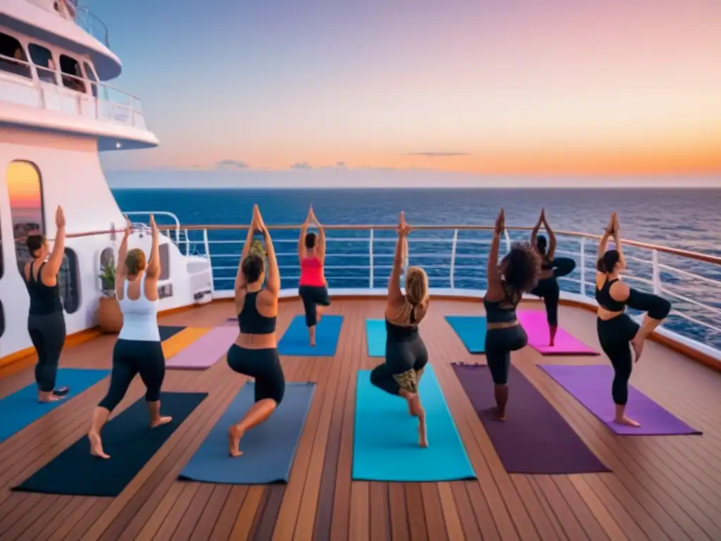 Un retiro de yoga en cruceros al atardecer: grupo diverso practica yoga en la cubierta, rodeado de agua y cielo anaranjado y rosado