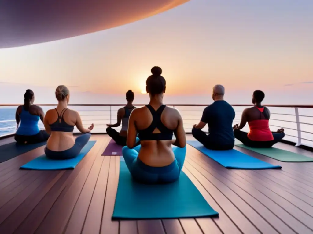 Un retiro de yoga en cruceros: sesión serena al atardecer, diversidad de personas en poses, mar tranquilo de fondo