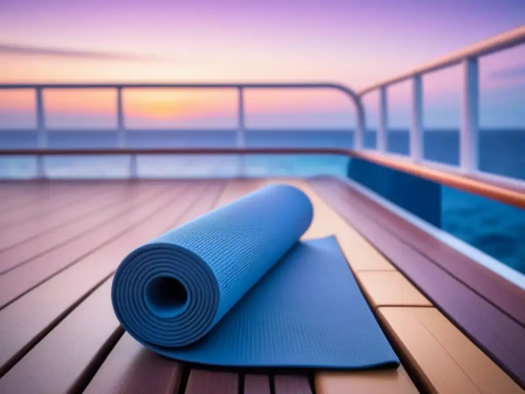 Retiro de yoga en crucucero al amanecer, con un mat y el mar calmado de fondo