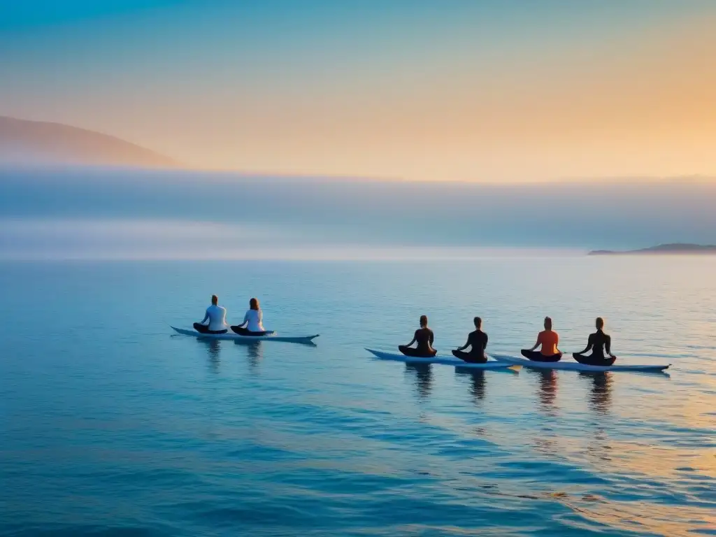 Retiro de yoga en el océano: yoguis practicando posturas con equilibrio y serenidad al amanecer en un velero, bajo una luz dorada y armoniosa