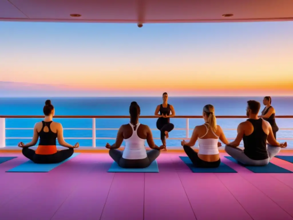 Retiros de bienestar en cruceros: Instructor guía sesión de yoga al amanecer en crucero de lujo, reflejos pastel en el mar