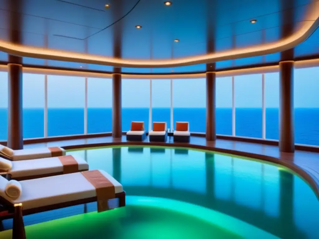 Retiros de bienestar en cruceros: spa lujoso con diseño minimalista, iluminación suave y vistas al mar