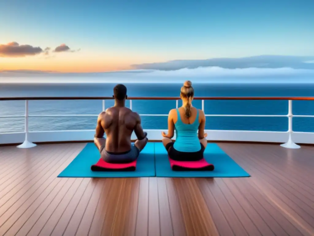 Retiros de bienestar en cruceros: Parejas practicando yoga al atardecer en cubierta de lujo