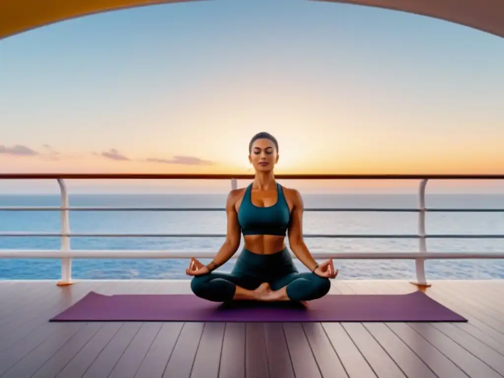 Retiros de bienestar en cruceros: Persona practicando yoga al amanecer en cubierta, en equilibrio con el mar tranquilo y un cielo colorido