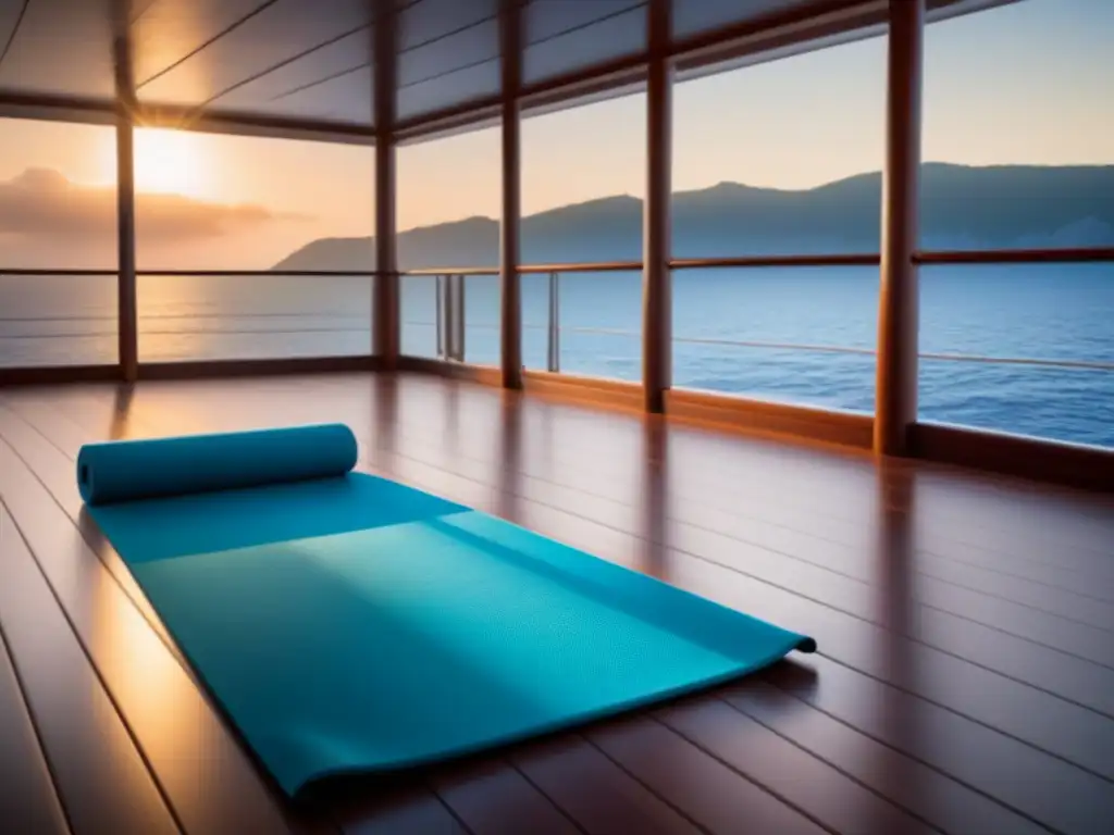 Retiros de bienestar en cruceros: plataforma de yoga en un barco con vista al mar y amanecer sereno