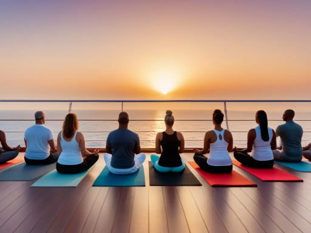 Retiros de bienestar en cruceros: Practicando yoga al atardecer en la cubierta de un lujoso barco, rodeados de paz y serenidad