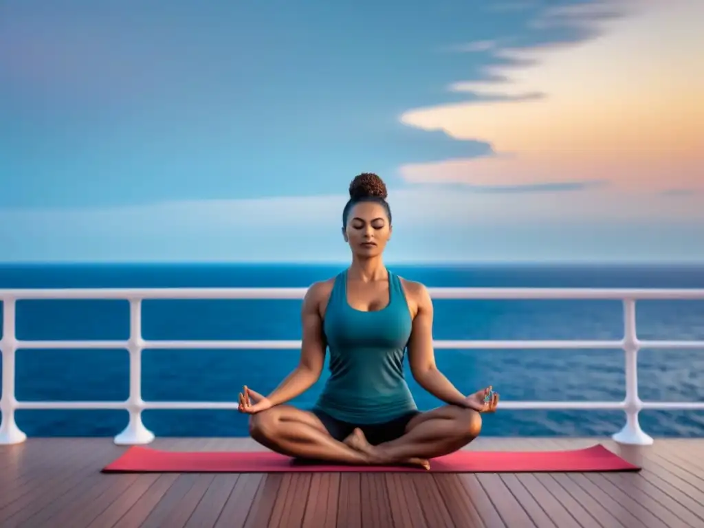 Retiros de bienestar en crucuceros: Persona practicando yoga al amanecer en cubierta, rodeada de serenidad y equilibrio