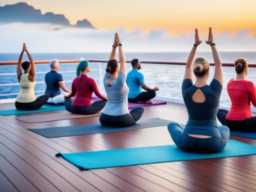 Retiros de Yoga en Cruceros: Sesión de yoga al atardecer en cubierta con personas en diversas posturas, frente al mar y cielo colorido