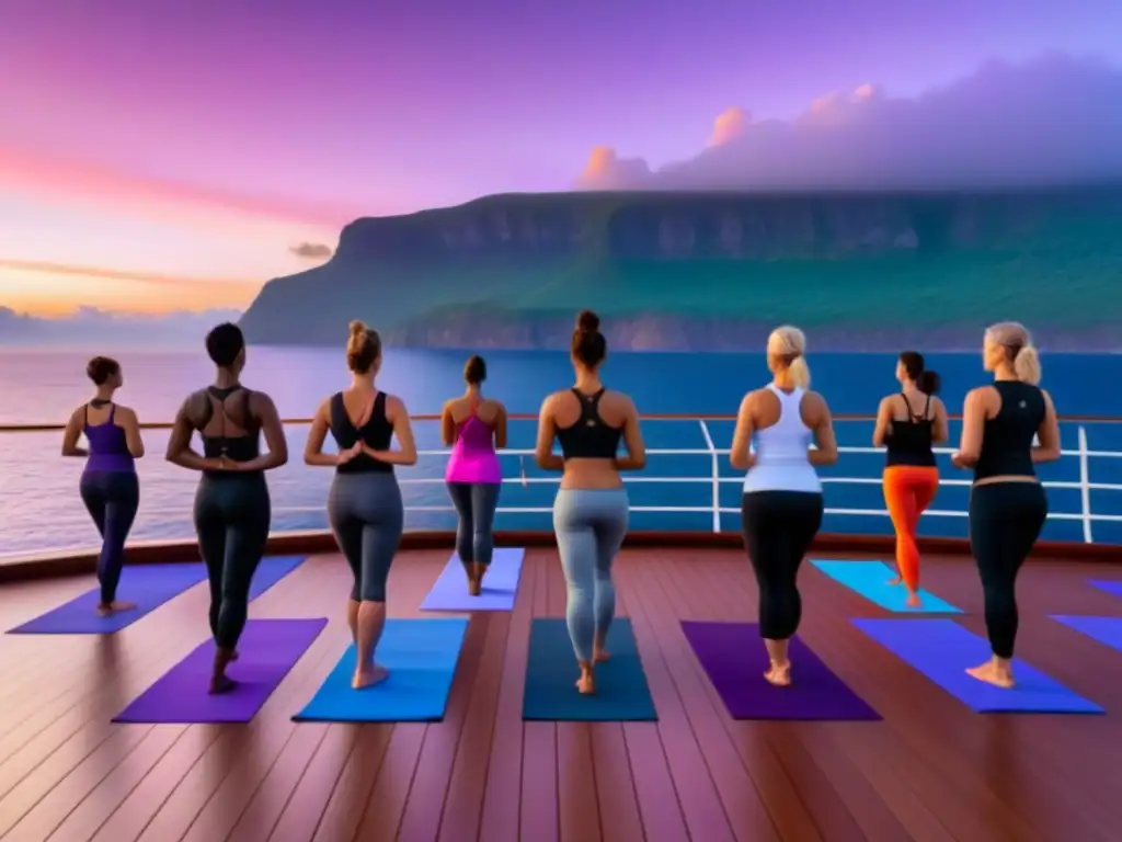 Retiros de Yoga en Cruceros: Atardecer sereno en un crucero de lujo, instructor lidera una sesión de yoga al aire libre