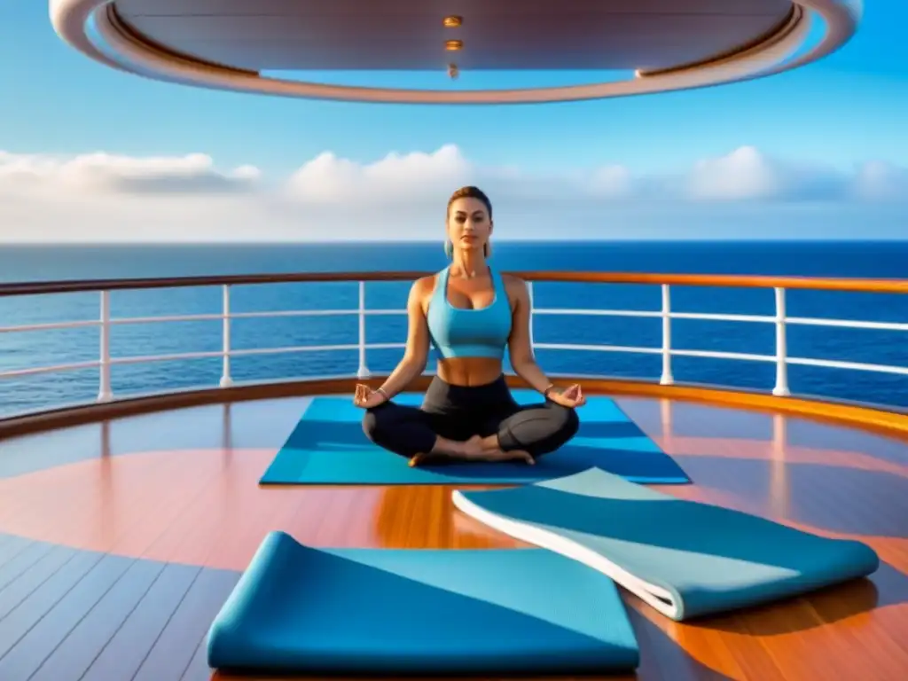 Retiros de yoga en cruceros: Exclusiva cubierta con vista al mar y cielo azul, donde elegantes esterillas invitan a la relajación