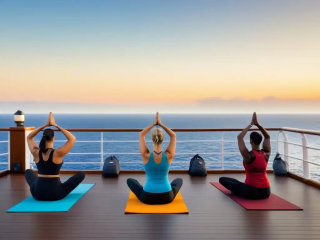 Retiros de Yoga en Cruceros: Práctica matutina de yoga en cubierta con vistas al mar y al amanecer, transmitiendo paz y armonía