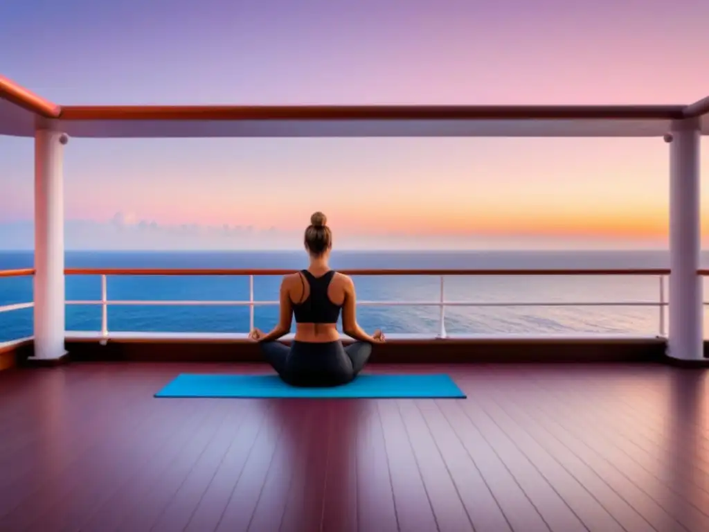 Retiros de Yoga en Cruceros: Practicantes de yoga en cubierta al atardecer, con un mar sereno y cielo en tonos pastel