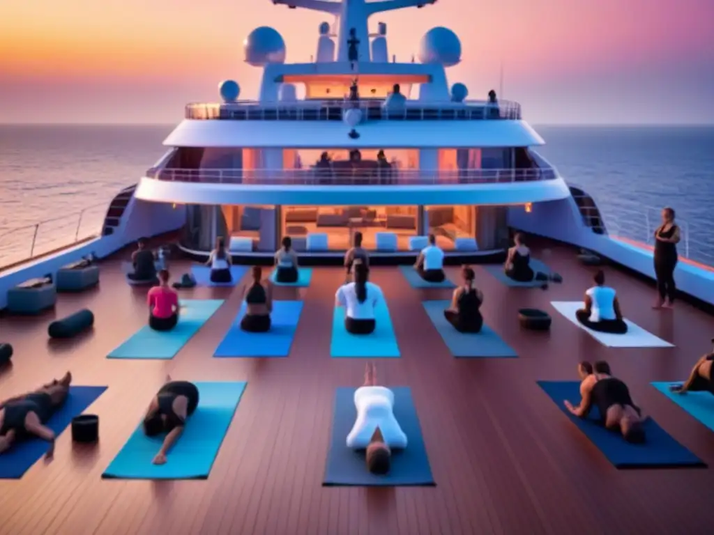 Retiros de yoga en cruceros: sesión serena al atardecer en cubierta de lujo, siluetas en poses, reflejos del sol en el mar